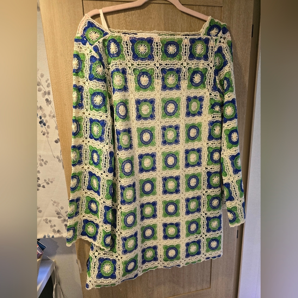 Chelsea & Violet Crochet Long Sleeve Dress in White, Blue & Green